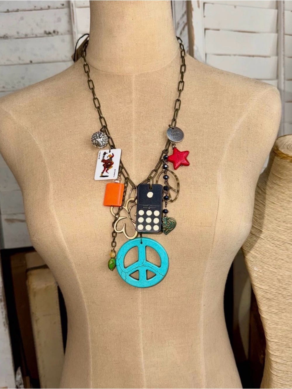 Gypsy Junk Gameday Chunky Charm Necklace with Peace Sign and Domino